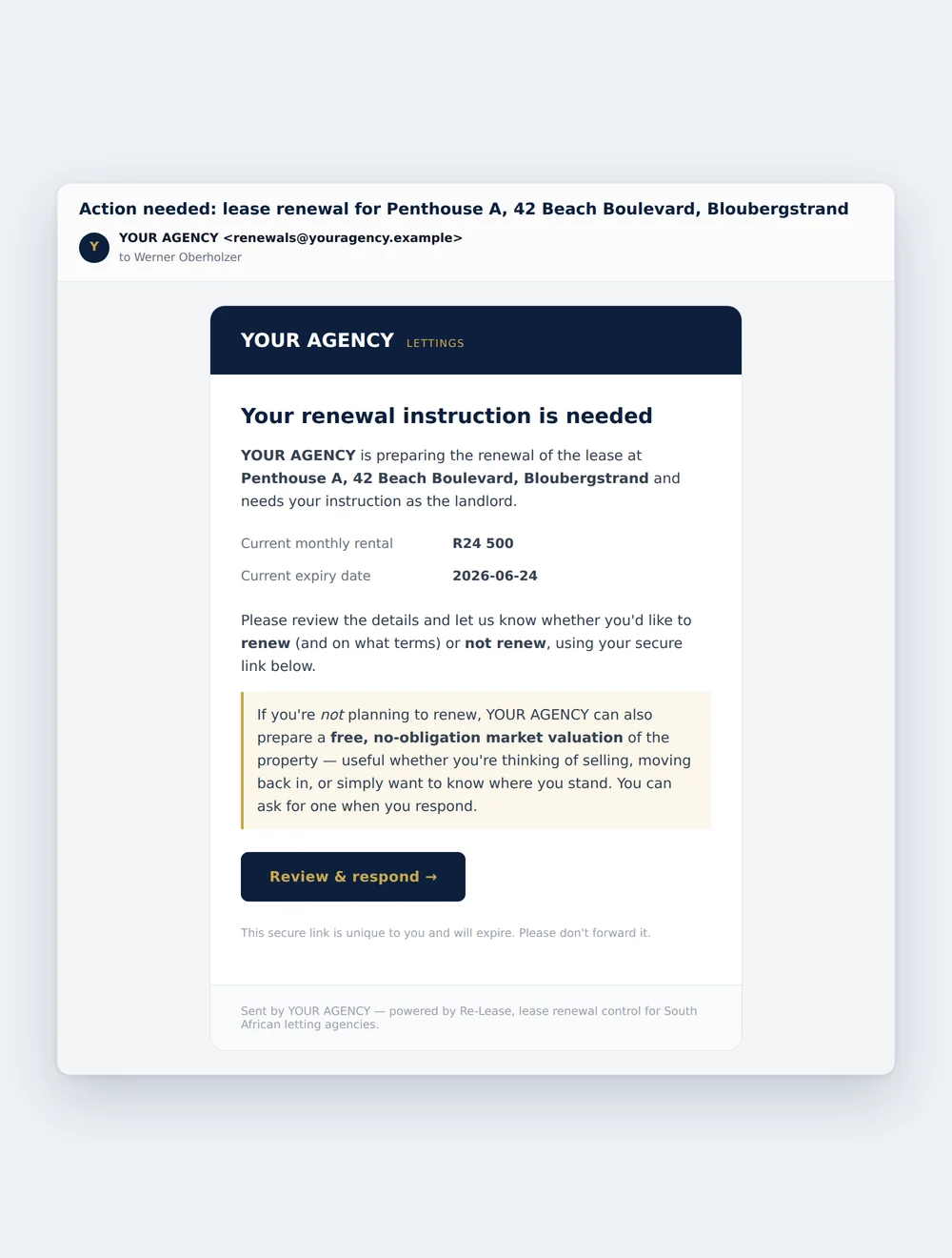 The renewal letter as a landlord receives it, branded in the agency's colours: the property, its current rental and expiry date, a secure button to respond, and the offer of a free market valuation.