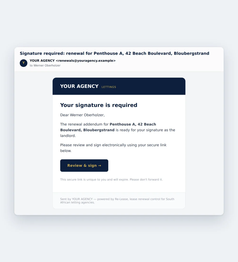 The signature request as a party receives it, branded in the agency's colours, with a secure link to sign.