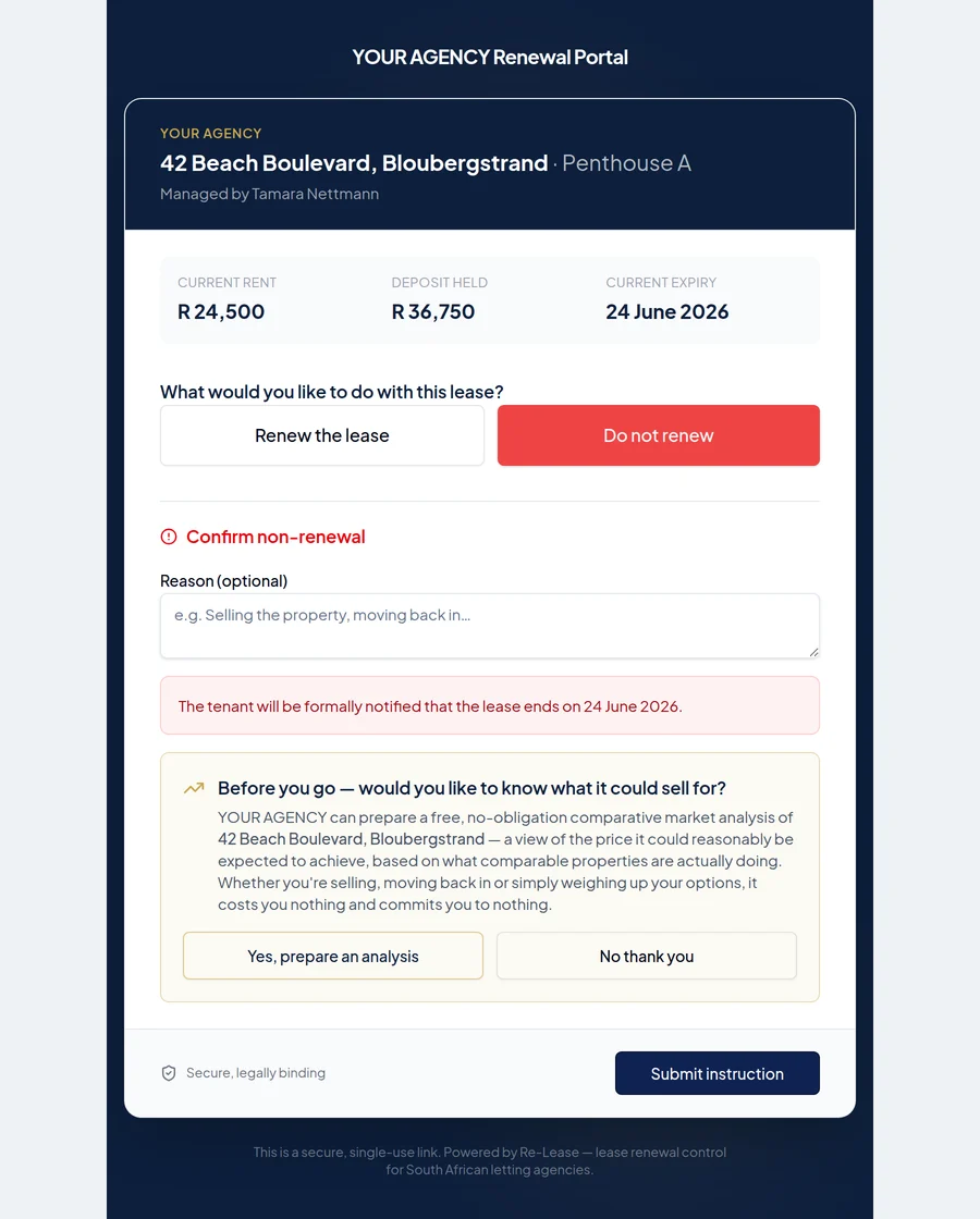 The secure landlord portal after a landlord declines: a reason box, the notice the tenant will receive, and an offer to prepare a free comparative market analysis of the property.