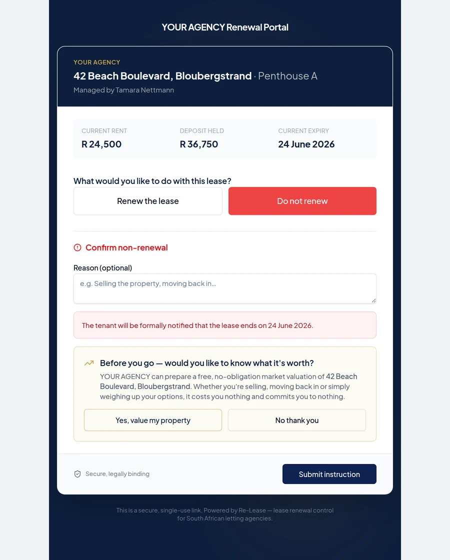 The secure landlord portal after a landlord declines: a reason box, the notice the tenant will receive, and an offer to prepare a free market valuation of the property.