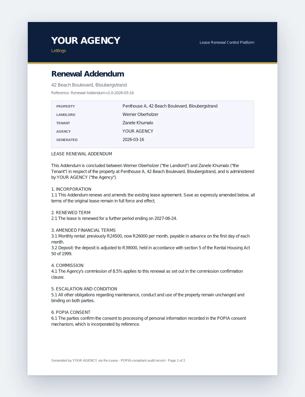 Page one of a generated renewal addendum on agency letterhead: the property and parties, the renewed term, the amended rental and deposit, and the commission and POPIA consent clauses.