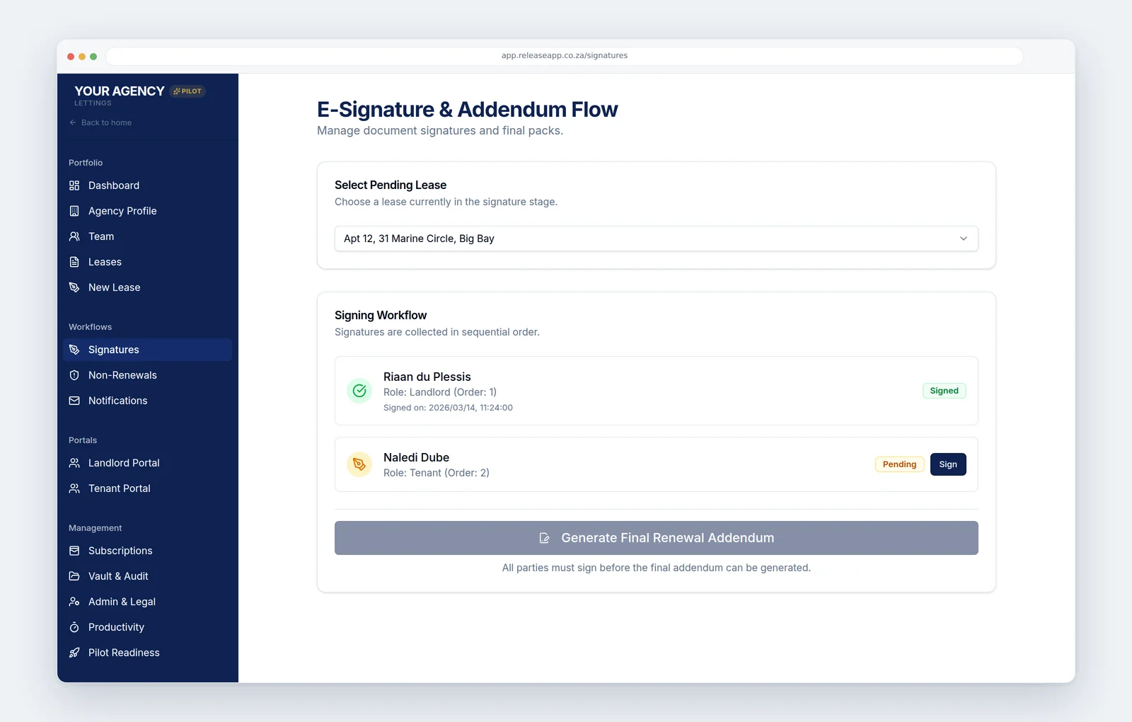 The e-signature screen: a lease in the signature stage with the landlord already signed, the tenant still pending, and the final addendum locked until both parties are done.